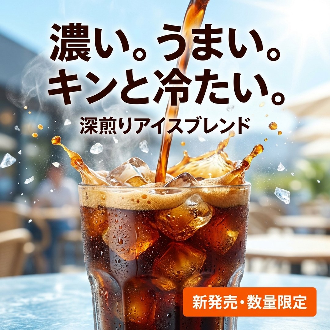 飲料「濃い。うまい。キンと冷たい。」の広告バナー生成例